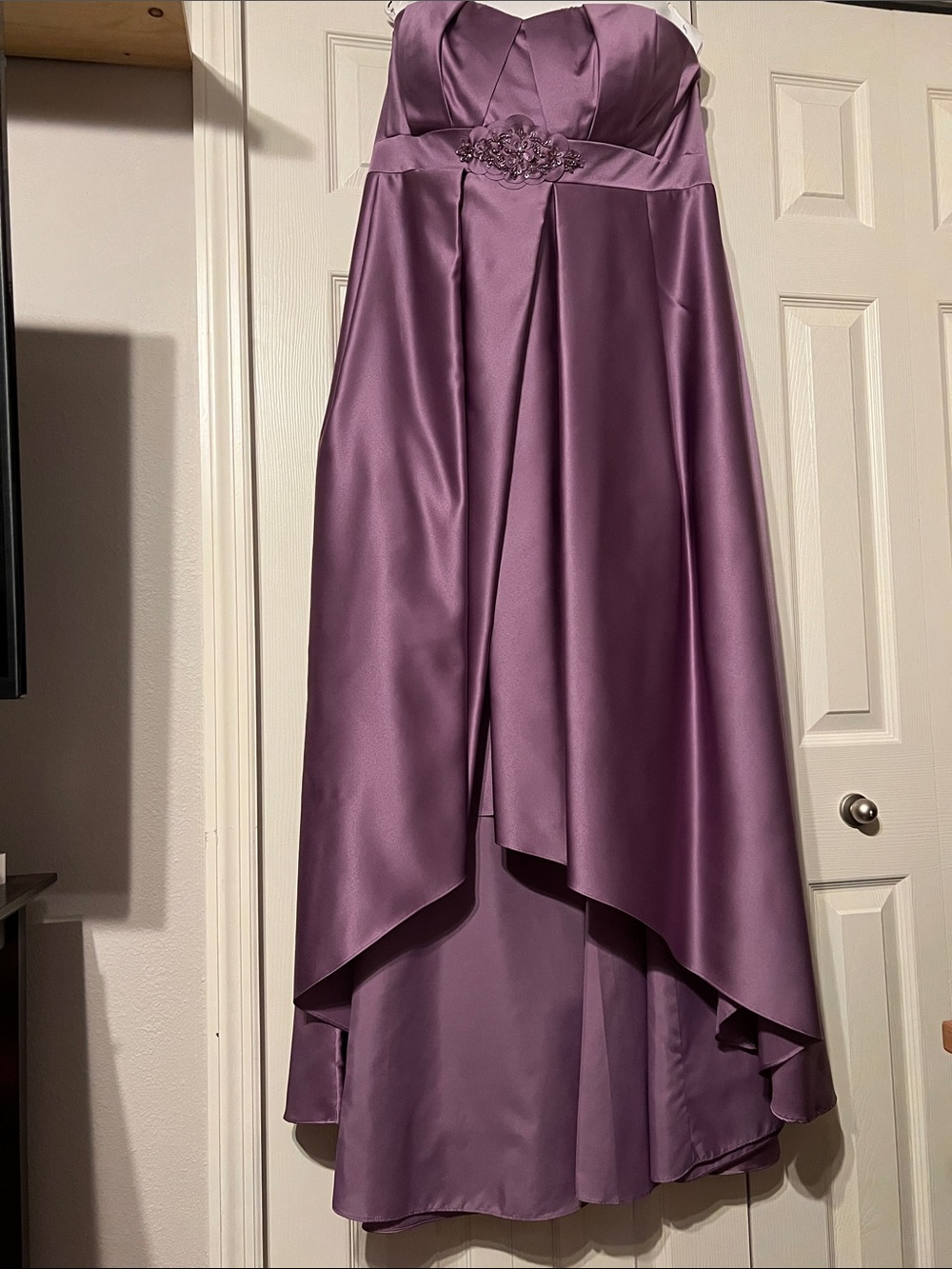 David's Bridal Mauve High-Low Satin Strapless Dress